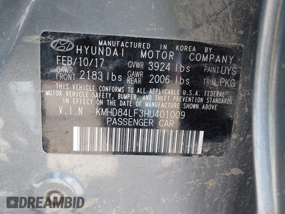 2017 Hyundai Elantra Value Edition z VIN KMHD84LF3HU401009, wystawiony jako IAAI lot #41704711 z przebiegiem 66 149 mil mil oraz . Historia ofert i sprzedaży dostępna na DreamBid. Obrazek 9.