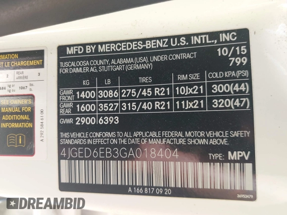 2016 Mercedes-Benz GLE 450 AMG with VIN 4JGED6EB3GA018404, listed as a IAAI auction lot 42050514 with 181,816 mi miles and . Bid and sale history available at DreamBid. Image 9.