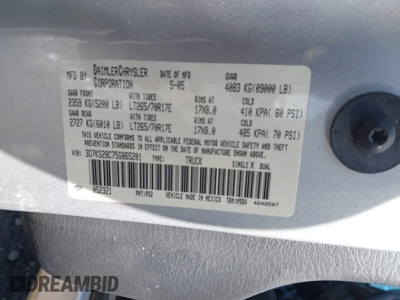 2005 Dodge 2500 SLT with VIN 3D7KS28C75G865201, listed as a IAAI auction lot 41966057 with 201,068 mi miles and . Bid and sale history available at DreamBid. Image 9.