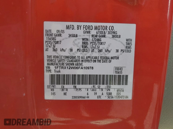 2006 Ford F-150 STX with VIN 1FTRX12W06FA10978, listed as a Copart auction lot 48553435 with 0 mi miles and Salvage Title. Bid and sale history available at carsss.com. Image 12.