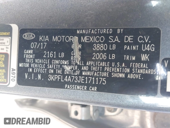 2018 Kia Forte LX with VIN 3KPFL4A73JE171175, listed as a IAAI auction lot 40983942 with 84,258 mi miles and . Bid and sale history available at DreamBid. Image 9.