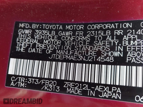 2022 Toyota Corolla LE with VIN JTDEPMAE3NJ214548, listed as a IAAI auction lot 41921491 with 29,878 mi miles and . Bid and sale history available at carsss.com. Image 9.