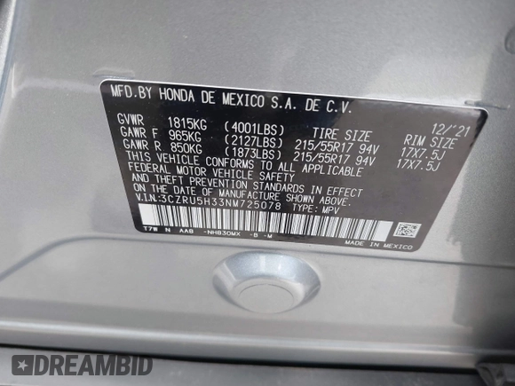 2022 Honda HR-V LX with VIN 3CZRU5H33NM725078, listed as a IAAI auction lot 42149593 with 30,932 mi miles and . Bid and sale history available at DreamBid. Image 9.