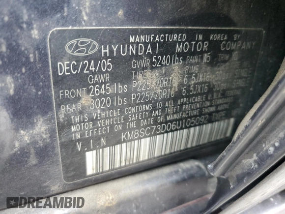 2006 Hyundai Santa Fe GLS with VIN KM8SC73D06U105092, listed as a Copart auction lot 83769454 with 141,486 mi miles and Clean Title. Bid and sale history available at carsss.com. Image 12.