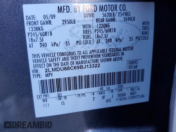 2009 Lincoln MKX with VIN 2LMDU88C69BJ13322, listed as a Copart auction lot 70686844 with 129,384 mi miles and Salvage Title. Bid and sale history available at DreamBid. Image 15.