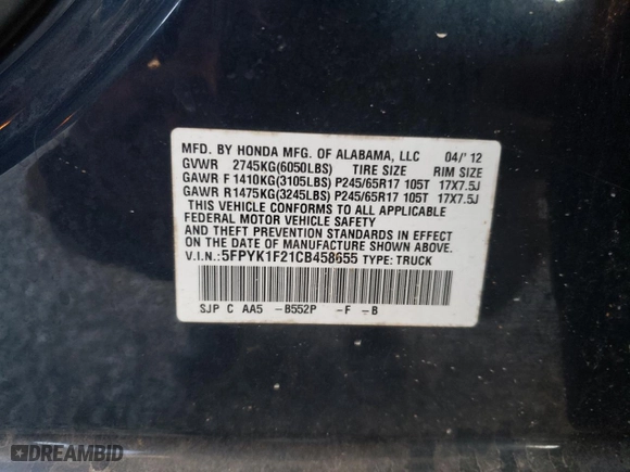 2012 Honda Ridgeline RT with VIN 5FPYK1F21CB458655, listed as a Copart auction lot 73167424 with 134,725 mi miles and Salvage Title. Bid and sale history available at carsss.com. Image 13.