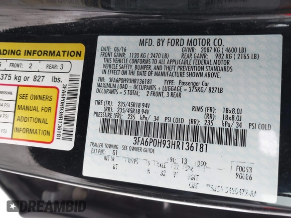 2017 Ford Fusion SE with VIN 3FA6P0H93HR136181, listed as a IAAI auction lot 41643411 with 58,545 mi miles. Bid and sale history available at carsss.com. Image 9.