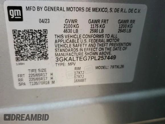2023 GMC Terrain SLE with VIN 3GKALTEG7PL257449, listed as a Copart auction lot 79644804 with 24,574 mi miles and Salvage Title. Bid and sale history available at DreamBid. Image 13.