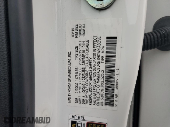 2019 Acura RDX with VIN 5J8TC1H3XKL022552, listed as a Copart auction lot 42450225 with 53,336 mi miles and Salvage Title. Bid and sale history available at carsss.com. Image 13.