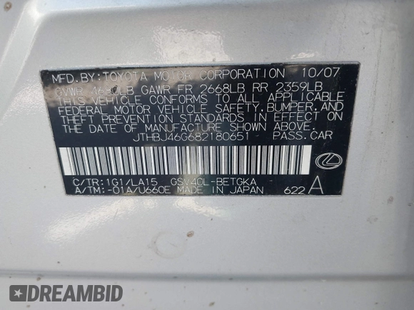2008 Lexus ES 330 with VIN JTHBJ46G682180651, listed as a IAAI auction lot 41820927 with 315,775 mi miles and . Bid and sale history available at DreamBid. Image 9.