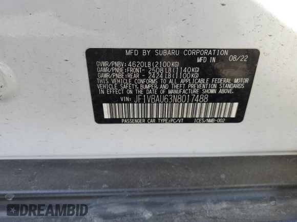 2022 Subaru WRX GT with VIN JF1VBAU63N8017488, listed as a Copart auction lot 47215795 with 24,376 mi miles and Salvage title. Bid and sale history available at DreamBid. Image 14.