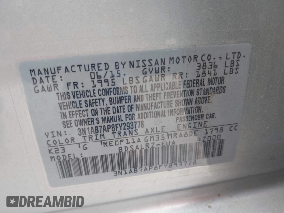 2015 Nissan Sentra SV with VIN 3N1AB7AP8FY293778, listed as a IAAI auction lot 41917141 with 154,388 mi miles and . Bid and sale history available at DreamBid. Image 9.