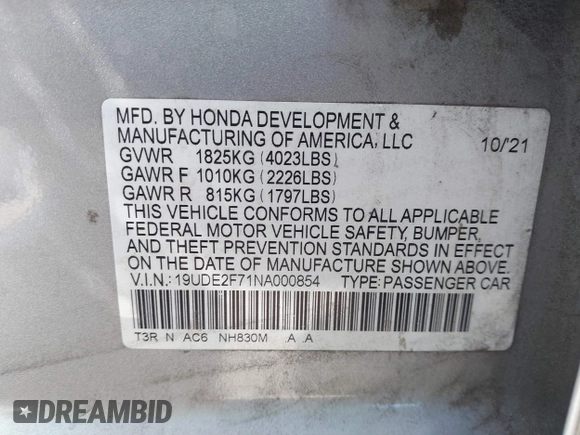 2022 Acura ILX Premium with VIN 19UDE2F71NA000854, listed as a IAAI auction lot 42038887 with 52,031 mi miles and . Bid and sale history available at DreamBid. Image 9.