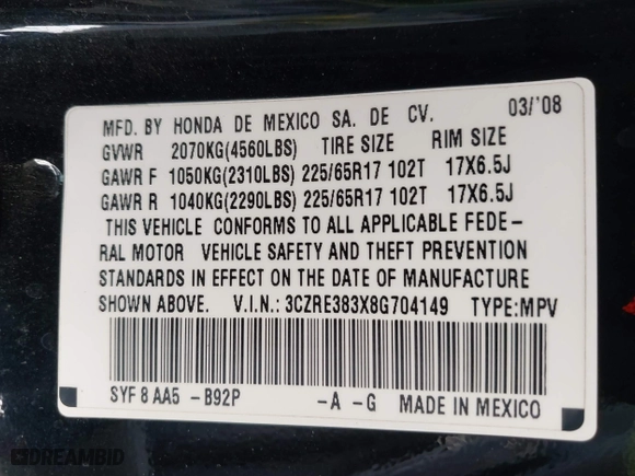 2008 Honda CR-V LX with VIN 3CZRE383X8G704149, listed as a IAAI auction lot 41851000 with 329,881 mi miles. Bid and sale history available at carsss.com. Image 9.