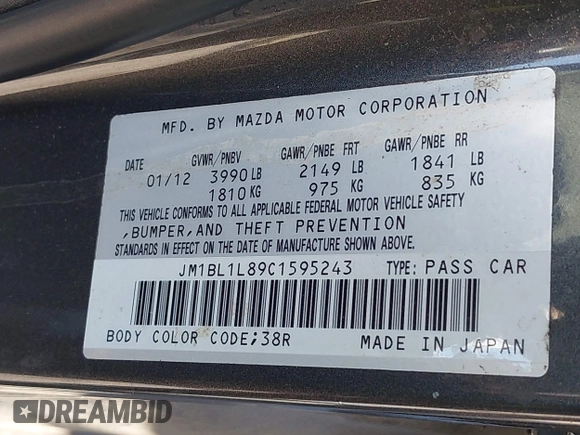 2012 Mazda 3 i Touring with VIN JM1BL1L89C1595243, listed as a IAAI auction lot 42131045 with 120,716 mi miles and . Bid and sale history available at DreamBid. Image 9.