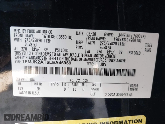 2020 Ford Expedition Max Limited z VIN 1FMJK2AT6LEA46969, wystawiony jako IAAI lot #41682789 z przebiegiem 103 011 mil mil oraz . Historia ofert i sprzedaży dostępna na DreamBid. Obrazek 9.