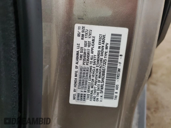2011 Honda Odyssey EX-L with VIN 5FNRL5H63BB077325, listed as a Copart auction lot 55030675 with 203,062 mi miles and Salvage Title. Bid and sale history available at DreamBid. Image 13.