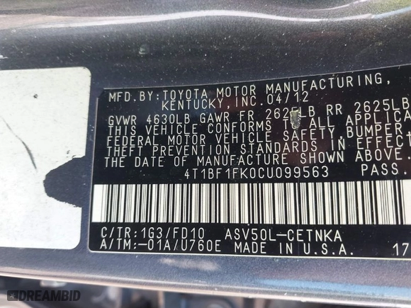 2012 Toyota Camry L with VIN 4T1BF1FK0CU099563, listed as a IAAI auction lot 41679600 with 142,405 mi miles. Bid and sale history available at carsss.com. Image 9.
