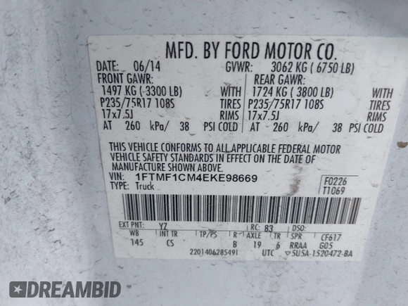 2014 Ford F-150 XL with VIN 1FTMF1CM4EKE98669, listed as a IAAI auction lot 41927986 with 133,246 mi miles and . Bid and sale history available at DreamBid. Image 9.