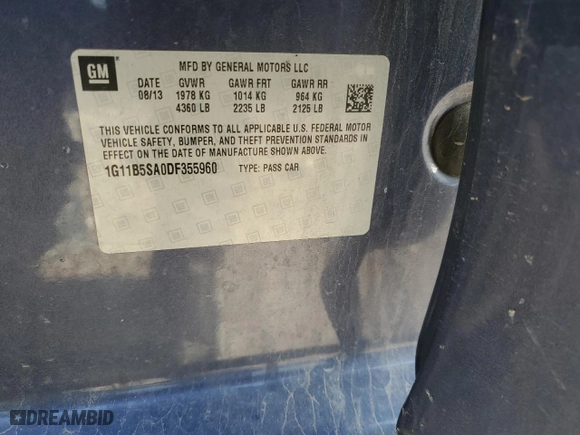 2013 Chevrolet Malibu LS with VIN 1G11B5SA0DF355960, listed as a Copart auction lot 54062775 with 0 mi miles and Salvage Title. Bid and sale history available at carsss.com. Image 12.