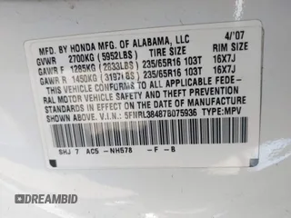 2007 Honda Odyssey EX with VIN 5FNRL38487B075936, listed as a IAAI auction lot 42052061 with 188,279 mi miles and . Bid and sale history available at DreamBid. Image 9.