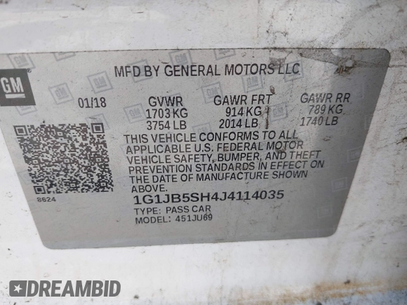2018 Chevrolet Sonic LS with VIN 1G1JB5SH4J4114035, listed as a IAAI auction lot 42377414 with 158,452 mi miles and . Bid and sale history available at DreamBid. Image 9.