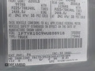 1998 Ford Ranger XL with VIN 1FTYR10C9WUB08918, listed as a IAAI auction lot 42079944 with 147,944 mi miles and . Bid and sale history available at carsss.com. Image 9.