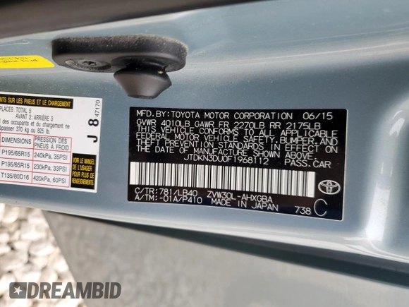 2015 Toyota Prius Four with VIN JTDKN3DU0F1968112, listed as a Copart auction lot 48195805 with 103,884 mi miles and Salvage Title. Bid and sale history available at carsss.com. Image 14.