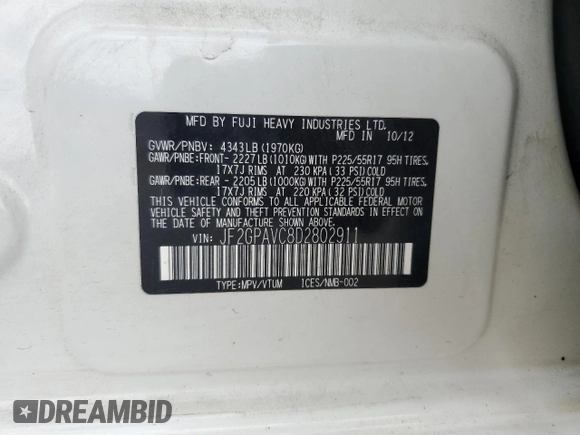 2013 Subaru Crosstrek Premium with VIN JF2GPAVC8D2802911, listed as a Copart auction lot 61432965 with 83,430 mi miles and Salvage title. Bid and sale history available at DreamBid. Image 12.