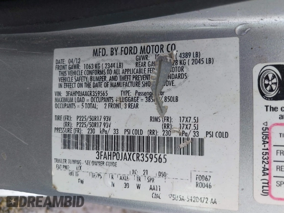 2012 Ford Fusion SEL with VIN 3FAHP0JAXCR359565, listed as a IAAI auction lot 42609189 with 211,017 mi miles and . Bid and sale history available at DreamBid. Image 9.