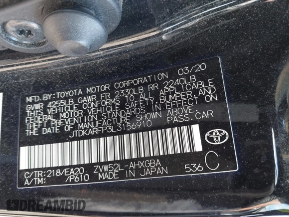 2020 Toyota Prius LE with VIN JTDKARFP3L3156910, listed as a IAAI auction lot 42467826 with 103,285 mi miles and . Bid and sale history available at DreamBid. Image 9.