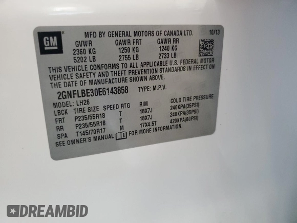 2014 Chevrolet Equinox LT with VIN 2GNFLBE30E6143858, listed as a Copart auction lot 53172675 with 117,284 mi miles and Salvage Title. Bid and sale history available at DreamBid. Image 13.