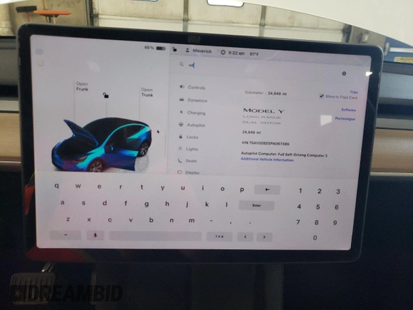 2023 Tesla Model Y Long Range z VIN 7SAYGDEE5PA067389, wystawiony jako Copart lot #54109625 z przebiegiem 24 849 mil mil oraz Szkody całkowita. Historia ofert i sprzedaży dostępna na DreamBid. Obrazek 9.