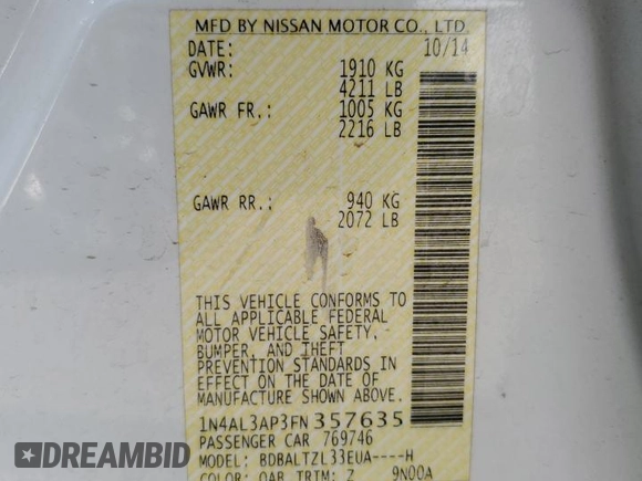 2015 Nissan Altima 2.5 with VIN 1N4AL3AP3FN357635, listed as a Copart auction lot 58493635 with 159,406 mi miles and Salvage title. Bid and sale history available at DreamBid. Image 13.