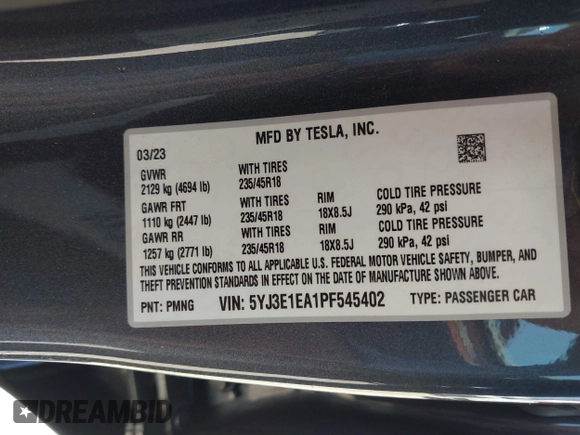2023 Tesla Model 3 with VIN 5YJ3E1EA1PF545402, listed as a IAAI auction lot 42671354 with 37,948 mi miles and . Bid and sale history available at DreamBid. Image 9.