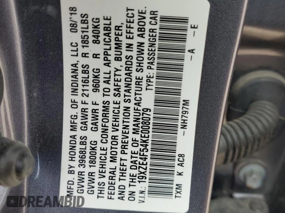 2019 Honda Insight EX with VIN 19XZE4F54KE008079, listed as a Copart auction lot 53714285 with 132,926 mi miles and Salvage Title. Bid and sale history available at DreamBid. Image 12.