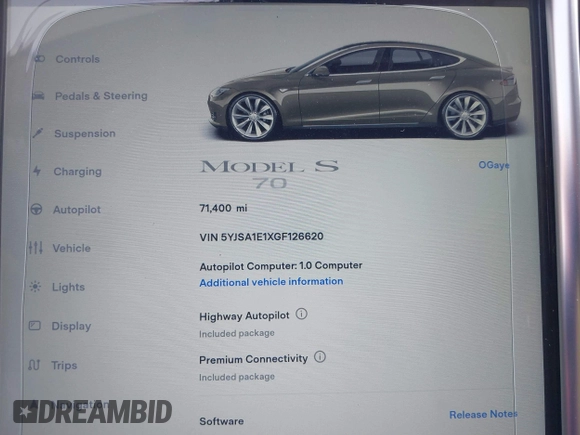 2016 Tesla Model S 70 with VIN 5YJSA1E1XGF126620, listed as a IAAI auction lot 40227035 with 71,400 mi miles and . Bid and sale history available at DreamBid. Image 7.