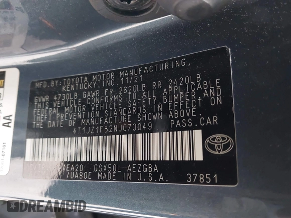 2022 Toyota Avalon XLE z VIN 4T1JZ1FB2NU073049, wystawiony jako IAAI lot #41506550 z przebiegiem 52 073 mil mil oraz . Historia ofert i sprzedaży dostępna na DreamBid. Obrazek 9.