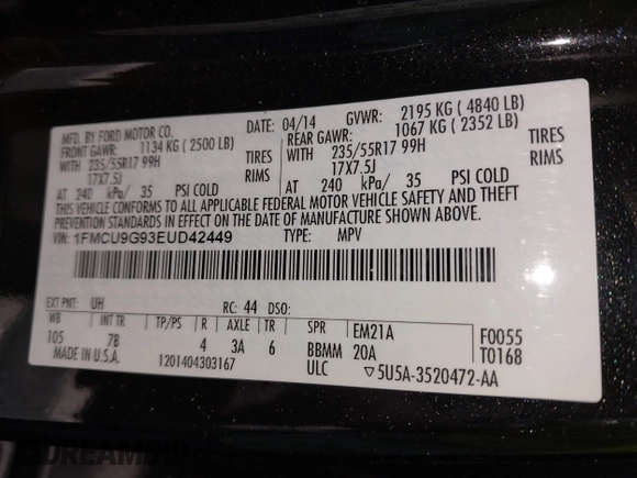 2014 Ford Escape SE with VIN 1FMCU9G93EUD42449, listed as a IAAI auction lot 42399275 with 166,868 mi miles and . Bid and sale history available at DreamBid. Image 9.