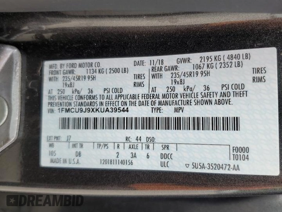 2019 Ford Escape Titanium с VIN 1FMCU9J9XKUA39544, выставлен на аукционе Copart как лот 62363005 с пробегом 80 831 миль миль и Списание • Salvage title. История ставок и продаж доступна на DreamBid. Изображение 14.