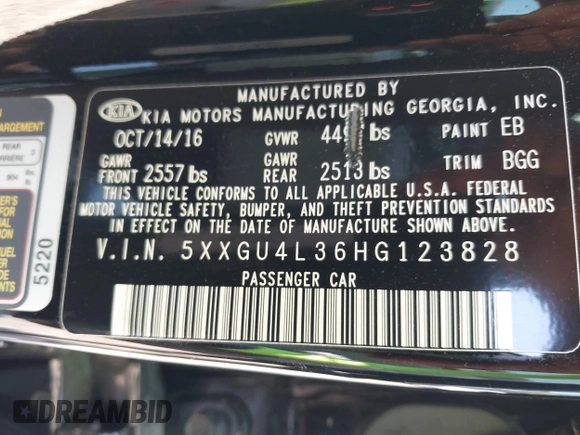 2017 Kia Optima EX with VIN 5XXGU4L36HG123828, listed as a IAAI auction lot 42059856 with 123,305 mi miles and . Bid and sale history available at DreamBid. Image 9.