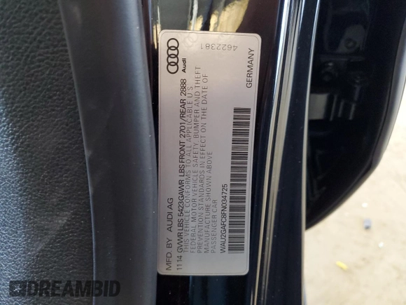 2015 Audi A7 Prestige with VIN WAU2GAFC8FN034725, listed as a Copart auction lot 62319995 with 86,477 mi miles and Salvage title. Bid and sale history available at DreamBid. Image 12.