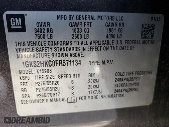 2015 GMC Yukon XL SLT with VIN 1GKS2HKC0FR571134, listed as a Copart auction lot 51175375 with 0 mi miles and Clean Title. Bid and sale history available at carsss.com. Image 14.