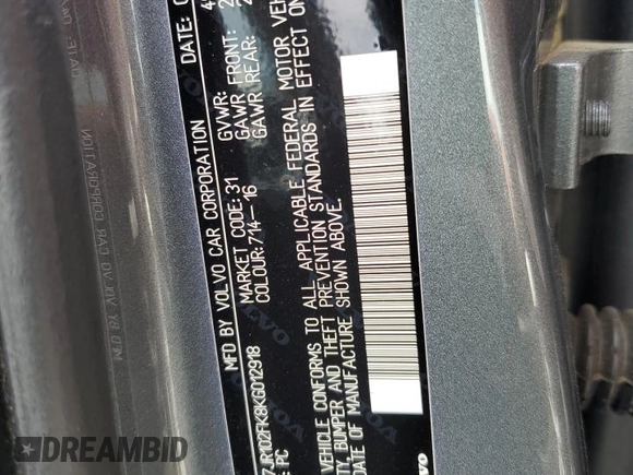 2019 Volvo S60 Momentum with VIN 7JR102FK8KG012918, listed as a Copart auction lot 67651554 with 44,784 mi miles and Salvage Title. Bid and sale history available at carsss.com. Image 12.