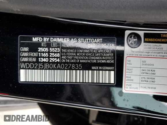2019 Mercedes-Benz CLS 450 с VIN WDD2J5JB0KA027835, выставлен на аукционе Copart как лот 49261875 с пробегом 93 273 миль миль и Списание • Salvage title. История ставок и продаж доступна на DreamBid. Изображение 12.