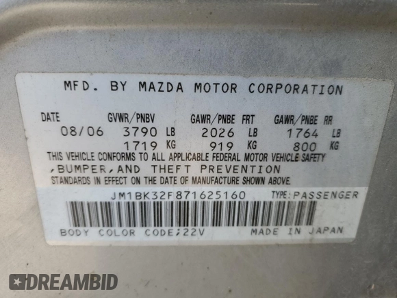 2007 Mazda 3 i Touring with VIN JM1BK32F871625160, listed as a Copart auction lot 84706804 with 254,192 mi miles and Non Repairable. Bid and sale history available at DreamBid. Image 13.