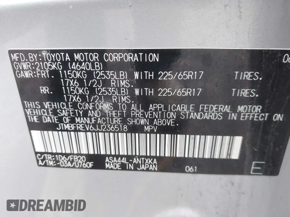 2018 Toyota RAV4 LE z VIN JTMBFREV6JJ236518, wystawiony jako IAAI lot #41977497 z przebiegiem 55 816 mil mil oraz . Historia ofert i sprzedaży dostępna na DreamBid. Obrazek 9.