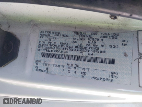 2009 Ford Econoline Cargo Commercial with VIN 1FTSE34LX9DA14932, listed as a IAAI auction lot 41744798 with Not provided miles and . Bid and sale history available at DreamBid. Image 9.