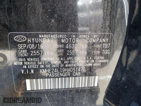 2017 Hyundai Sonata Hybrid SE with VIN KMHE24L19HA051476, listed as a Copart auction lot 47921523 with 110,826 mi miles. Bid and sale history available at carsss.com. Image 12.