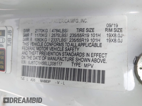 2020 Acura RDX Technology with VIN 5J8TC1H56LL008117, listed as a IAAI auction lot 42013206 with 83,032 mi miles and . Bid and sale history available at DreamBid. Image 9.